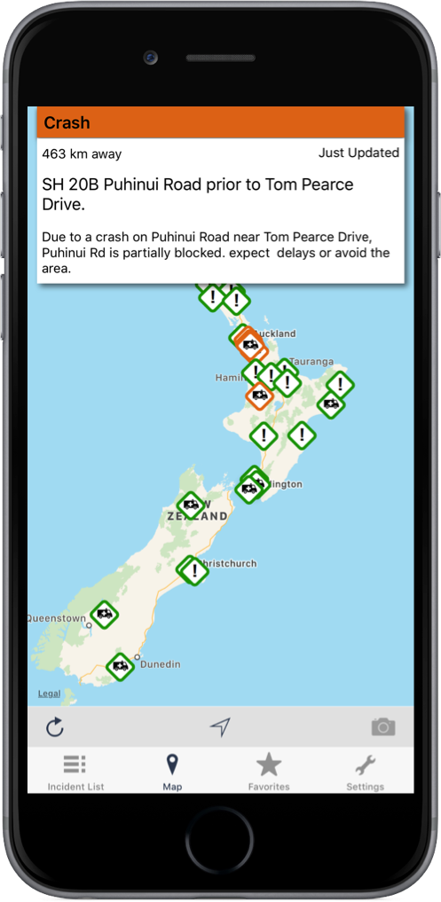 New Zealand Roads Traffic App on an iPhone
